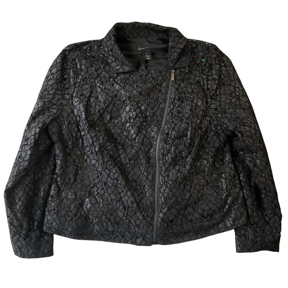 Lane Bryant Women Jacket 16 Black Floral Lace Zip Long Sleeve Biker Lightweight